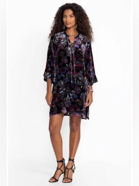 Johnny Was Workshop Avya Black Velvet Floral Tie-Neck Mini Dress Sz-Xxl